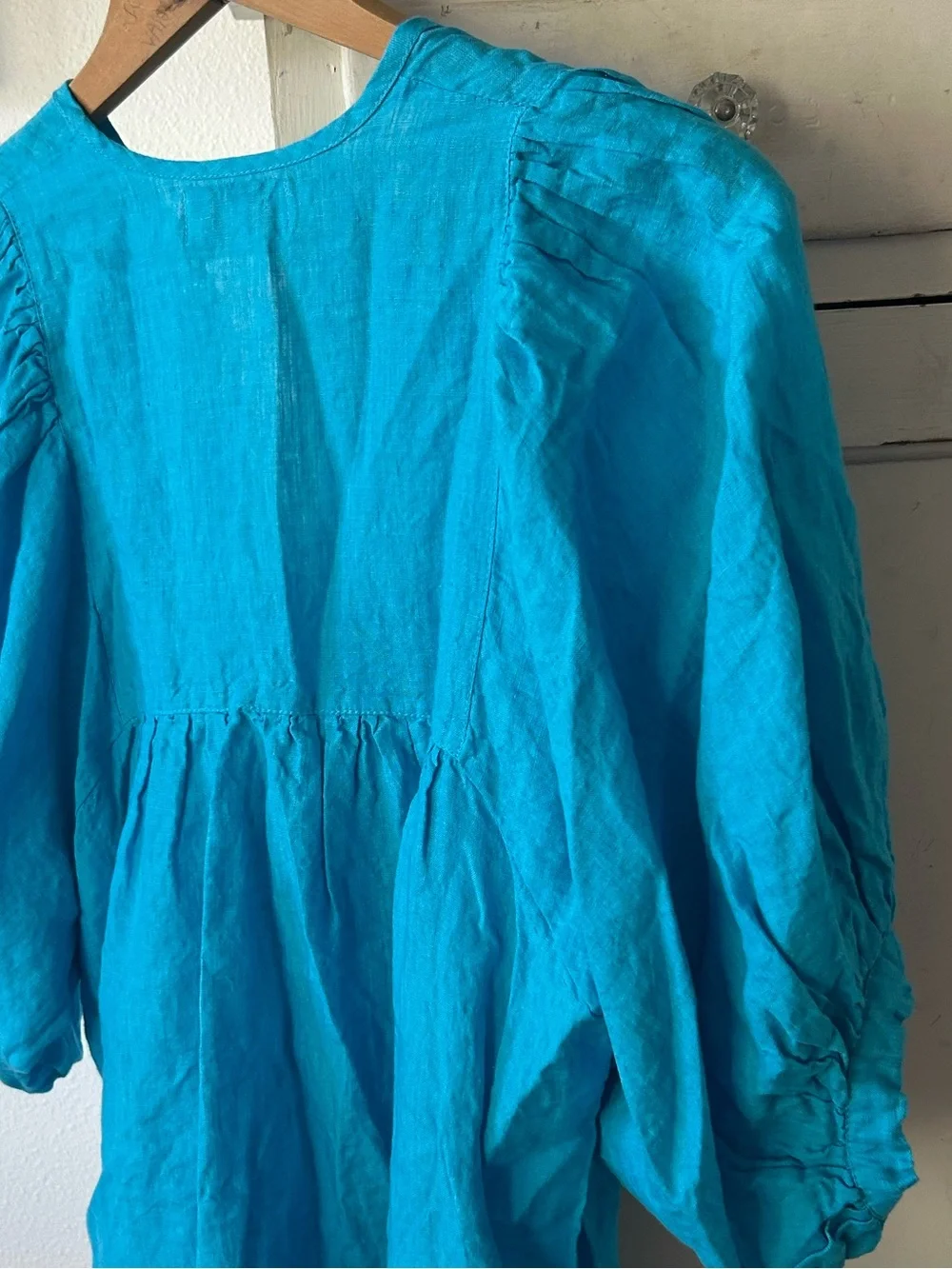 Mille | Women’s Teal Blue Linen Thalia V-Neck Tassel Tie Puff Sleeve Peasant Top